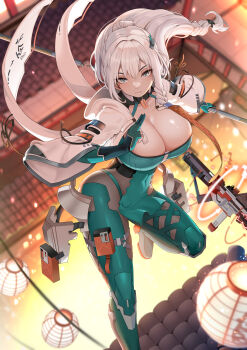 1girl absurdres architecture armored_boots assault_rifle blue_eyes bodystocking bodysuit boots braid breasts cleavage closed_mouth collarbone commentary covered_navel cropped_jacket east_asian_architecture elbow_gloves facial_mark floating_hair from_above gloves green_bodysuit green_boots green_gloves gun hair_between_eyes hair_bun hasaya highres holding holding_polearm holding_weapon jacket ji_chenxing kuji-in lantern large_breasts long_hair looking_at_viewer low-braided_long_hair low-tied_long_hair night outdoors paper_lantern partially_fingerless_gloves pelvic_curtain polearm rifle sidelocks snowbreak:_containment_zone solo standing standing_on_one_leg weapon white_hair white_jacket