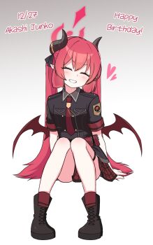 1girl ^_^ black_boots black_shirt blue_archive blush boots character_name closed_eyes collared_shirt commentary dated demon_girl demon_horns demon_wings english_commentary facing_viewer full_body gradient_background grey_background grin halo happy_birthday heart highres horns junko_(blue_archive) knees_up long_hair low_wings nanju_bami necktie plaid_clothes plaid_skirt red_hair red_necktie red_skirt red_wings shirt short_sleeves sitting skirt smile solo thigh_gap twintails very_long_hair white_background wings