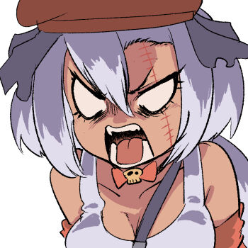 1girl belt breasts choker cleavage commentary elbow_gloves giroro_(kemono_friends) gloves grey_hair hat kemono_friends keroro_gunsou large_breasts long_hair looking_at_viewer mcgunngu open_mouth scar scar_on_face simple_background skull solo tank_top upper_body