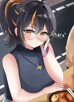 Rule 34 | 1 renzxu, 1girl, 1other, ahoge, alternate costume, arm rest, bare shoulders, black hair, black shirt, blush, breasts, chopsticks, closed mouth, commentary, english commentary, english text, food, glasses, hair between eyes, hair intakes, head rest, highres, jewelry, large breasts, looking at viewer, multicolored hair, necklace, noodles, orange eyes, orange hair, orange streaks, out of frame, ramen, shirt, sleeveless, sleeveless shirt, smile, streaked hair, zenless zone zero, zhu yuan