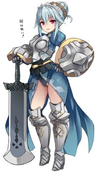 1girl armor armored_boots blue_dress blue_hair boots braid braided_bun breastplate buckler cameltoe dress earrings full_body gloves hair_between_eyes hair_bun hairband hand_on_own_hip highres jewelry karukan_(monjya) leaning_on_weapon light_blue_hair looking_at_viewer open_mouth pink_eyes shield smile solo standing thighhighs thighhighs_under_boots thighs unicorn_overlord virginia_(unicorn_overlord) white_background