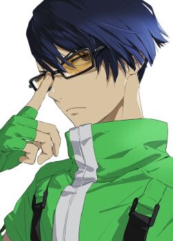 Rule 34 | 1boy, adjusting eyewear, arm up, black-framed eyewear, blue hair, closed mouth, collared jacket, commentary request, dark blue hair, fingerless gloves, frown, gloves, green gloves, green jacket, hair between eyes, high collar, index finger raised, isa (peien516), jacket, looking to the side, male focus, persona, persona 3, rectangular eyewear, shirato jin, simple background, solo, tinted eyewear, upper body, white background, yellow-tinted eyewear