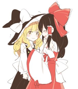 Rule 34 | 2girls, apron, back bow, bare shoulders, black dress, black hair, blonde hair, blush, blush stickers, bow, braid, closed eyes, closed mouth, commentary request, cowboy shot, detached sleeves, dress, flustered, frilled hat, frills, hair ribbon, hair tubes, hakurei reimu, hand on another's shoulder, hand on own face, hat, hat ribbon, kirisame marisa, laughing, long sleeves, medium hair, mozukuzu (manukedori), multiple girls, nontraditional miko, red dress, red ribbon, ribbon, single braid, smile, touhou, white background, white ribbon, wide sleeves, witch hat, yellow eyes