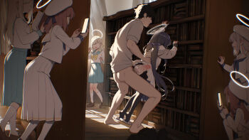 1boy audience black_hair black_thighhighs blue_archive blue_sailor_collar blue_skirt blvefo9 bookshelf bow brown_hair brown_halo cardigan censored cum cum_in_pussy faceless faceless_female faceless_male grey_cardigan hair_bow hairband halo hat highres library long_hair long_sleeves mixed-language_commentary mosaic_censoring multiple_girls pantyhose purple_bow purple_hairband sailor_collar school_uniform serafuku sex sex_from_behind shirt skirt thighhighs torn_clothes torn_pantyhose twintails ui_(blue_archive) white_hat white_serafuku white_shirt white_skirt x-ray yellow_halo