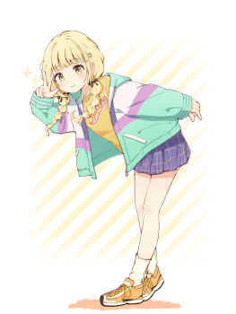 1girl absurdres bare_legs bent_over blonde_hair blue_skirt blush braid commentary_request fujita_kotone full_body gakuen_idolmaster highres idolmaster jacket leaning_forward light_smile long_hair looking_at_viewer morita_(mofuball319) multicolored_jacket open_clothes open_jacket plaid_clothes plaid_skirt pleated_skirt shirt shoes skirt sneakers socks solo sparkle twin_braids w white_socks yellow_eyes yellow_shirt yellow_shoes