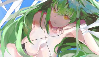 1girl bikini black_bikini blue_background breasts c.c. cleavage code_geass criss-cross_straps green_hair highres leaning_on_self long_hair looking_at_viewer ribbon shru_(ss_sl99) solo swimsuit very_long_hair wrist_ribbon yellow_eyes