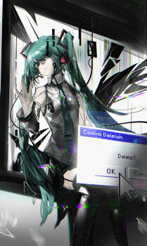 1girl absurdres aqua_eyes aqua_hair aqua_necktie bare_shoulders black_skirt broken_screen choice commentary_request cursor detached_sleeves feet_out_of_frame glitch grey_shirt hair_between_eyes hair_ornament hatsune_miku hatsune_miku_no_shoushitsu_(vocaloid) headphones headset highres long_hair looking_at_viewer milbi monitor necktie shirt sitting skirt sleeveless sleeveless_shirt solo through_medium through_screen twintails user_interface very_long_hair vocaloid window_(computing)