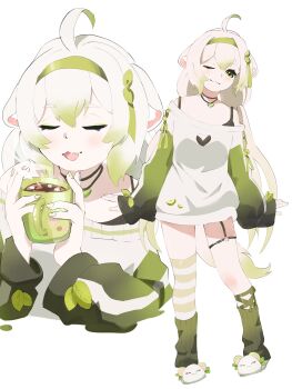 ;3 absurdres ahoge animal_ears asymmetrical_legwear bare_shoulders bra chattdraws cup ferret ferret_ears ferret_girl ferret_tail food fruit full_body gradient_hair green_hair green_hairband hairband head_tilt highres holding holding_cup hot_chocolate indie_virtual_youtuber jewelry laimu_(vtuber) laimu_(cozy)_(vtuber) leaf light_smile lime_(fruit) lime_slice looking_at_viewer mismatched_legwear mug multicolored_hair multiple_pov multiple_views necklace no_pants one_eye_closed pov ribbon simple_background sleeves_past_fingers sleeves_past_wrists socks steam sweater tail thigh_strap thighhighs two-tone_hair underwear upper_body uwu vinesauce virtual_youtuber white_background white_hair