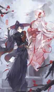 1boy 1girl alternate_costume alternate_hair_length alternate_hairstyle arm_up artist_self-insert branch closed_mouth commission couple from_above from_side genshin_impact hair_between_eyes hair_bun hair_flowing_over hair_ornament hat hayamimomo high_ponytail highres holding holding_sword holding_unworn_clothes holding_unworn_hat holding_weapon japanese_clothes long_hair looking_at_viewer looking_back looking_up oc_x_canon original outdoors pink_eyes ponytail purple_eyes purple_hair rain red_ribbon ribbon scaramouche_(genshin_impact) second-party_source standing sword unworn_hat unworn_headwear walking water watermark weapon white_hair