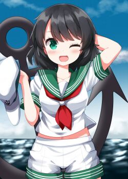 Rule 34 | 1girl, ;d, anchor, arm behind head, black hair, blush, commentary, cowboy shot, day, dot nose, green eyes, green sailor collar, hat, highres, holding, holding unworn clothes, holding unworn hat, looking at viewer, murasa minamitsu, neckerchief, ocean, one eye closed, open mouth, outdoors, red neckerchief, ruu (tksymkw), sailor collar, shirt, short hair, short sleeves, shorts, smile, solo, striped clothes, striped shorts, striped sleeves, touhou, unworn hat, unworn headwear, white hat, white shirt, white shorts