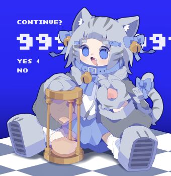 1girl :3 absurdres animal_ears animal_hands bell black_jacket blue_background blue_bow blue_collar blue_eyes blue_skirt blush boots bow cat_ears cat_girl cat_tail checkered_floor claws collar commentary_request continue drooling fang fish_hair_ornament full_body gloves grey_boots grey_fur grey_gloves grey_hair hair_bow hair_ornament hands_up highres hikimayu hourglass jacket long_sleeves multiple_hair_bows neck_bell nikamoka open_clothes open_jacket open_mouth original outstretched_legs pawpads pixel_text puffy_long_sleeves puffy_sleeves shirt simple_background sitting skirt smile solo spread_legs tail tail_bow tail_ornament white_shirt