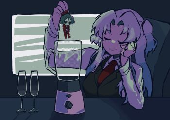 1girl 1other angela_(project_moon) black_eyes black_vest blender_(object) blue_background blue_hair closed_eyes closed_mouth coat collared_shirt cup drinking_glass e.g.o_(project_moon) employee_(project_moon) green_hair highres kotori_trinity lab_coat lobotomy_corporation long_hair long_sleeves looking_at_another mimicry_(e.g.o) necktie nugget_(project_moon) one_side_up parted_bangs project_moon red_nails red_necktie shirt simple_background size_difference upper_body vest white_coat white_shirt wine_glass