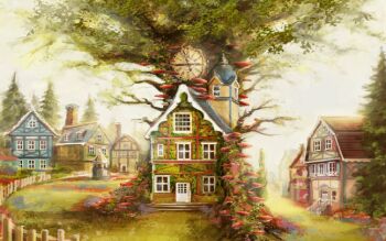 analog_clock artist_request chimney clock commentary day door english_commentary fence grass house in-universe_location mushroom nintendo no_humans official_art outdoors pokemon pokemon_legends:_z-a pokemon_xy scenery sky third-party_source town tree well window