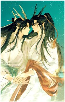 Rule 34 | 2boys, ahoge, aki uzuzame, alternate costume, bishounen, black hair, black horns, blue sash, blue shawl, chinese clothes, closed mouth, commentary request, couple, dragon boy, dragon horns, eastern dragon horns, eye contact, face-to-face, grey eyes, hair ornament, hair ribbon, hanfu, headband, highres, holding hands, horns, kemonomimi mode, lan wangji, light particles, light smile, long hair, long sleeves, looking at another, male focus, modao zushi, multiple boys, partially submerged, pointy ears, ponytail, profile, red ribbon, red sash, red shawl, ribbon, robe, sash, shawl, sidelocks, sky, tassel, tassel hair ornament, topknot, twitter username, upper body, very long hair, water, watermark, wei wuxian, white headband, white horns, wide sleeves, xiao guan (headdress), yaoi