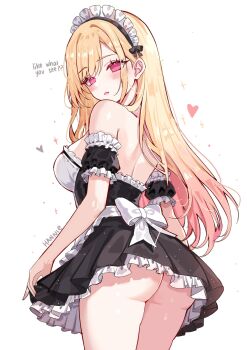1girl apron ass back backless_dress backless_outfit bare_shoulders black_dress black_sleeves blonde_hair blush breasts commentary cowboy_shot detached_sleeves dress english_commentary english_text frilled_dress frilled_headwear frilled_sleeves frills from_behind from_below gradient_hair hannie_(hanreiei) heart highres holding_own_skirt kitagawa_marin large_breasts long_hair looking_down maid maid_apron maid_headdress multicolored_hair no_panties pink_eyes pink_hair short_sleeves solo sono_bisque_doll_wa_koi_wo_suru two-tone_hair waist_apron white_apron white_background white_headdress