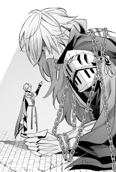 2boys antenna_hair armor black_coat black_shirt bound braid cape chain chained chained_wrists clawed_gauntlets coat commentary_request giant greyscale greyscale_with_colored_background highres honkai:_star_rail honkai_(series) long_hair male_focus monochrome multiple_boys mydei_(honkai:_star_rail) natsumaro pauldrons phainon_(honkai:_star_rail) shirt short_hair shoulder_armor side_braid side_cape simple_background single_pauldron white_background white_coat