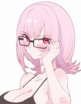 1girl alternate_costume bare_shoulders black_jumpsuit black_nails breasts cleavage glasses highres hololive hololive_english jumpsuit kamiya_maneki large_breasts looking_at_viewer mori_calliope mori_calliope_(the_story_thus_far) official_alternate_costume official_alternate_hairstyle pink_eyes pink_hair red_eyes short_hair simple_background sleeveless_jumpsuit solo virtual_youtuber white_background