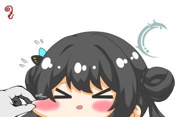 &gt;_&lt; 1girl 1other black_hair blue_archive blush_stickers braid butterfly_hair_ornament cheek_pull chibi closed_eyes commentary_request double_bun flying_sweatdrops hair_bun hair_ornament halo highres kisaki_(blue_archive) kurukurumagical long_hair out_of_frame parted_lips simple_background solo_focus translation_request twintails white_background