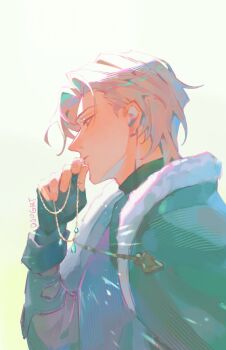 1boy arm_up black_gloves black_shirt cape closed_mouth commentary curtained_hair djog english_commentary fingerless_gloves fur-trimmed_cape fur_trim gloves highres holding male_focus original profile shirt solo turtleneck white_fur white_hair