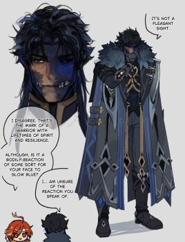 1boy 1girl arm_up black_coat black_footwear black_hair black_pants black_sclera blue_eyes blue_fur blue_skin boots capitano_(genshin_impact) clawed_gauntlets closed_mouth coat colored_sclera colored_skin commentary covering_own_mouth dark-skinned_male dark_skin decay decaying_skin english_text fur_trim genshin_impact high_collar long_hair looking_to_the_side male_focus mavuika_(genshin_impact) multiple_views no_lips open_clothes open_coat open_mouth orange_eyes pants red_hair sgrimp sideways_glance simple_background speech_bubble teeth triangle_mouth white_background