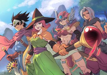3girls armor bikini_armor black_hair cape commentary_request dragon_quest dragon_quest_iii erdrick's_sword grey_hair helmet hero_(dq3) mage_(dq3) mage_staff mochi_mangaka monster_wrangler_(dq3) multiple_girls orange_cape pelt purple_cape purple_hair roto_(dq3) smile spiked_hair staff sword tree warrior_(dq3) weapon winged_helmet