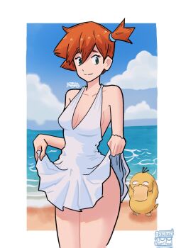 Rule 34 | 1girl, asymmetrical hair, bare arms, bare shoulders, beach, blue sky, breasts, cleavage, closed mouth, clothes lift, clothes pull, cloud, day, dress, dress lift, gen 1 pokemon, green eyes, hair between eyes, hair tie, halter dress, halterneck, lifting own clothes, looking at viewer, medium breasts, misty (pokemon), nintendo, no bra, no panties, ocean, orange hair, outdoors, plunging neckline, pokemon, pokemon (anime), pokemon (classic anime), pokemon rgby, ponytail, psyduck, sand, short dress, short hair, side ponytail, sideboob, sky, sleeveless, sleeveless dress, small breasts, smile, solo, standing, sundress, thighs, water, white dress