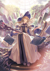 Rule 34 | 1girl, absurdres, aesc (fate), aesc (rain witch) (fate), blonde hair, blue eyes, book, fate/grand order, fate (series), floating, floating book, floating object, garutaisa, glasses, hat, highres, holding, holding staff, library, long hair, open book, robe, sitting, staff, white robe, wide sleeves, witch hat