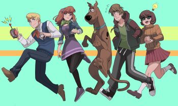 2boys 2girls absurdres animal ascot black_footwear black_pants black_pantyhose blonde_hair blue_vest brown_footwear brown_hair collared_shirt controller daphne_blake denim denim_jacket dog dress flying_sweatdrops fred_jones glasses great_dane green_shirt hands_in_pockets highres holding holding_remote_control hood hooded_jacket jacket jourd4n kneehighs light_bulb lightning_bolt_symbol long_hair looking_at_viewer multiple_boys multiple_girls open_clothes open_jacket open_mouth orange_ascot orange_sweater pants pantyhose pleated_skirt purple_dress red_hair red_skirt remote_control scooby-doo scooby-doo_(character) shaggy_rogers shirt shoes skirt smile sneakers socks standing standing_on_one_leg sweater t-shirt turtleneck turtleneck_sweater velma_dinkley vest walking wavy_mouth white_shirt white_socks