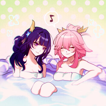 2boys alternate_hairstyle bare_shoulders blue_flower blurry blush breasts cleavage closed_eyes closed_mouth commentary_request couple depth_of_field flower flower_ornament friends genshin_impact gradient_background hair_between_eyes hair_ornament hair_up headphones headpiece in_water light_blush light_smile looking_to_the_side mole mole_under_eye momonga_damon multicolored_hair multiple_boys musical_note naked_towel parted_lips pink_hair purple_eyes purple_hair raiden_shogun sauna shade sitting smile spoken_musical_note steaming_body streaked_hair towel water yae_miko yuri