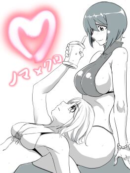 2girls breasts character_request chloe_valens cholesenel cleavage closed_mouth commentary_request greyscale highres large_breasts monochrome multiple_girls short_hair smile swimsuit tales_of_(series) tales_of_legendia very_short_hair white_background