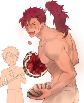 2boys blush closed_eyes fate/grand_order fate_(series) food fruit fujimaru_ritsuka_(male) hair_tubes holding holding_food holding_fruit holding_stick k29 long_hair male_focus male_swimwear mori_nagayoshi_(fate) multiple_boys muscular muscular_male open_mouth ponytail red_hair sharp_teeth short_hair simple_background single_hair_tube smile stick suikawari swim_trunks teeth topless_male watermelon white_background