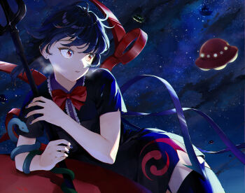 1girl asymmetrical_wings black_dress black_hair black_thighhighs blue_wings bow bowtie breath center_frills commentary_request dress frills highres houjuu_nue konruri_blue night polearm purple_nails red_bow red_bowtie red_eyes red_wings short_dress short_sleeves sky star_(sky) thighhighs touhou trident ufo weapon wings