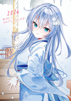 1girl 2026 akeome alternate_costume blue_eyes blue_hair blue_kimono box cowboy_shot donation_box fathom flower hair_flower hair_ornament happy_new_year hibiki_(kancolle) highres japanese_clothes kantai_collection kimono looking_at_viewer new_year rope shrine_bell solo