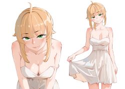 Rule 34 | 1girl, aged up, ahoge, babywipes, breasts, commentary, cowboy shot, dress, english commentary, green eyes, highres, large breasts, leaning forward, looking at viewer, multiple views, mushoku tensei, norn greyrat, sidelocks, simple background, skirt hold, smile, spaghetti strap, thighs, upper body, white background, white dress