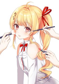 Rule 34 | absurdres, ahoge, amo 0ma, animal ears, applying another's makeup, applying makeup, bare shoulders, black eyeliner, black eyeshadow, blonde hair, blush, bow, bowtie, clothing cutout, collared shirt, commentary, disembodied hand, eyelashes, eyeliner, eyeshadow, fingernails, flat chest, fortissimo, from side, hair ornament, hairclip, hashtag-only commentary, highres, hololive, hololive dev is, long hair, long sleeves, makeup, makeup brush, musical note, musical note hair ornament, official alternate costume, official alternate hairstyle, otonose kanade, otonose kanade (regloss uniform), parted hair, pink lips, rabbit ears, red bow, red bowtie, red eyes, regloss (hololive), shirt, shirt tucked in, shorts, shoulder cutout, side ponytail, sidelocks, simple background, untranslatable commentary, upper body, veil, virtual youtuber, white background, white shorts, white veil