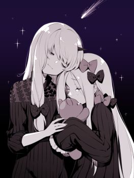 2girls 7dango7 abigail_williams_(fate) abigail_williams_(first_ascension)_(fate) bow breasts closed_eyes crying dress fate/grand_order fate_(series) forehead hair_bow horns hug lavinia_whateley_(fate) long_hair long_sleeves multiple_girls night parted_bangs ribbed_dress shooting_star single_horn sky sleeves_past_fingers sleeves_past_wrists small_breasts smile star_(sky) starry_sky stuffed_animal stuffed_toy teddy_bear