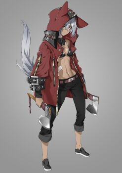 1girl axe belt fang highres hood hoodie navel pants smile source_request tagme weapon yoshimaro