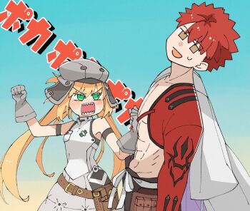 1boy 1girl angry artoria_caster_(fate) artoria_caster_(first_ascension)_(fate) artoria_pendragon_(fate) belt blank_eyes blonde_hair blush brown_eyes emiya_shirou euhage73 fate/grand_order fate_(series) gloves gradient_background green_eyes grey_gloves grey_headwear hat highres hitting igote limited/zero_over looking_at_another looking_away meme open_mouth parody poka_poka_(meme) pouch rectangular_mouth red_hair seitokai_yakuindomo senji_muramasa_(fate) sharp_teeth sweatdrop teeth toned toned_male upper_body v-shaped_eyebrows