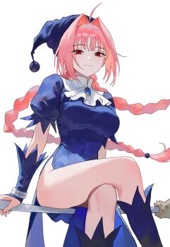 1girl absurdres ahoge black_dress black_hat boots braid breasts commentary_request crossed_legs dorothy_(marchen_awakens_romance) dress hat highres large_breasts long_hair looking_at_viewer marchen_awakens_romance nbee_ya pink_hair simple_background sitting solo twin_braids white_background