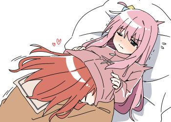 2girls blue_eyes blush bocchi_the_rock! closed_mouth commentary cube_hair_ornament flying_sweatdrops gotoh_hitori hair_ornament haru_(konomi_150) head_under_another&#039;s_clothes heart jacket kita_ikuyo long_hair long_sleeves lying multiple_girls nose_blush on_back one_eye_closed one_side_up pillow pink_hair pink_jacket red_hair school_uniform shuka_high_school_uniform track_jacket under_another&#039;s_clothes wince yuri