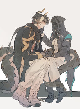 1boy 1girl absurdres arknights black_coat black_eyes black_footwear black_gloves black_hair black_pants blonde_hair brown_hair chongyue_(arknights) closed_mouth coat collared_coat doctor_(arknights) dragon_boy dragon_horns dragon_tail earrings female_doctor_(arknights) full_body gloves gradient_hair grey_background hand_on_another&#039;s_face hetero high_collar highres holding_hands hood hood_up hooded_coat horns jewelry long_hair long_sleeves looking_at_another low_ponytail mask multicolored_hair open_clothes open_coat pants pointy_ears ponytail shoes simple_background sitting smile sneakers squeans streaked_hair tail tail_around_another&#039;s_leg tail_wrap very_long_tail walhee221 white_footwear white_pants