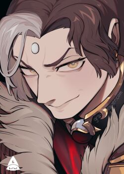 >:) 1boy brown_hair curtained_hair earrings emet-selch final_fantasy final_fantasy_xiv forehead_jewel fur-trimmed_hood fur_trim graveweaver highres hood jewelry looking_at_viewer male_focus multicolored_hair necklace smirk solo two-tone_hair v-shaped_eyebrows white_hair yellow_eyes