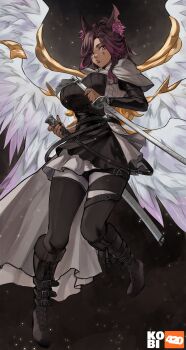 1girl absurdres animal_ear_fluff artist_logo artist_name belt belt_boots black_background black_belt black_boots black_nails black_pantyhose black_skirt black_sweater blue_eyes boots borrowed_character breasts brown_hair commentary commission dark-skinned_female dark_skin english_commentary feathered_wings full_body gradient_hair grey_cloak grey_skirt heterochromia highres holding holding_sheath holding_sword holding_weapon kobi420 large_breasts light_particles lips logo long_sleeves looking_at_viewer marking_on_cheek medium_hair multicolored_hair multiple_wings original pantyhose parted_lips purple_hair purple_lips sheath skirt solo sweater sword two-tone_hair weapon white_wings wings yellow_eyes