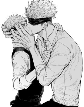 Rule 34 | 2boys, blindfold, blush, collared shirt, commentary request, french kiss, from side, gojou satoru, hand on another's chin, hands on another's head, highres, itadori yuuji, jujutsu kaisen, kiss, large hands, looking at another, male focus, multiple boys, nay bb, shirt, short hair, sideburns, simple background, undercut, upper body, vest, white background, yaoi