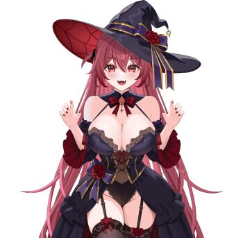 1girl absurdres bibixart black_dress black_hat black_leotard black_sleeves black_thighhighs blush bow bowtie breasts cleavage commentary commission cowboy_shot detached_sleeves dress english_commentary fang fingernails flower garter_straps gem hair_between_eyes halter_dress halterneck hands_up hat highres lace-trimmed_leotard lace_trim large_breasts legs_together leotard leotard_under_clothes long_hair looking_at_viewer nail_polish one_side_up open_mouth original red_bow red_bowtie red_eyes red_flower red_gemstone red_hair red_nails red_rose rose simple_background smile solo standing straight-on thighhighs very_long_hair white_background witch_hat