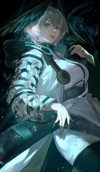 1girl absurdres arknights breasts coat commentary_request dress fangs fingernails from_side green_eyes grey_hair hair_between_eyes hand_up head_wings highres ho&#039;olheyak_(arknights) infection_monitor_(arknights) large_breasts long_sleeves looking_at_viewer miaoling_(miaoling_33zenobia) open_mouth short_dress short_hair snake_tail solo striped_sleeves tail tongue tongue_out white_coat white_dress wings