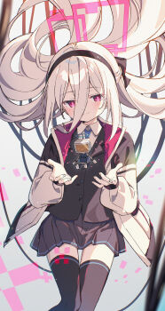1girl black_hairband black_jacket black_skirt black_thighhighs blue_archive blue_necktie closed_mouth collared_shirt commentary_request hairband halo highres jacket kei_(blue_archive) kei_(new_body)_(blue_archive) kei_(robot)_(blue_archive) long_bangs long_hair necktie open_clothes open_jacket pink_eyes pink_halo shirt skirt smile solo thighhighs white_hair white_jacket white_shirt zoirun