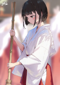 3girls bamboo_broom black_hair blurry blurry_background broom commentary_request holding holding_broom japanese_clothes jonsun long_sleeves miko misaki_(jonsun) multiple_girls original short_hair signature solo_focus