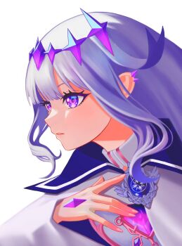 1girl absurdres cape commentary enigmatic_recollection gem gem_hair_ornament grey_hair highres hololive hololive_english koseki_bijou long_hair looking_to_the_side purple_eyes purple_gem purple_hair simple_background solo v1v1anite virtual_youtuber white_background white_cape