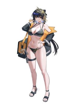 1girl absurdres alternate_costume bare_shoulders bikini black_bag black_bikini black_hair black_jacket breasts cleavage closed_mouth commentary_request earrings female_rover_(wuthering_waves) hair_ribbon hand_on_own_hip high_heel_sandals highres jacket jewelry large_breasts long_hair looking_at_viewer navel northman pouch ribbon rover_(wuthering_waves) sandals simple_background smile solo stomach swimsuit thigh_pouch thighs triangle_earrings white_background wuthering_waves yellow_eyes yellow_ribbon
